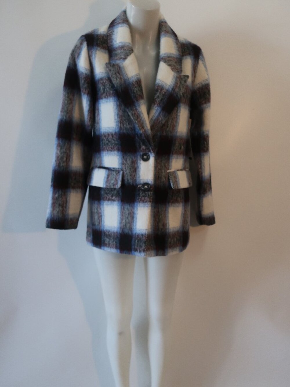 NWT Womens Central Park West Ivory, Blue, Purple Plaid Blazer Jacket XS